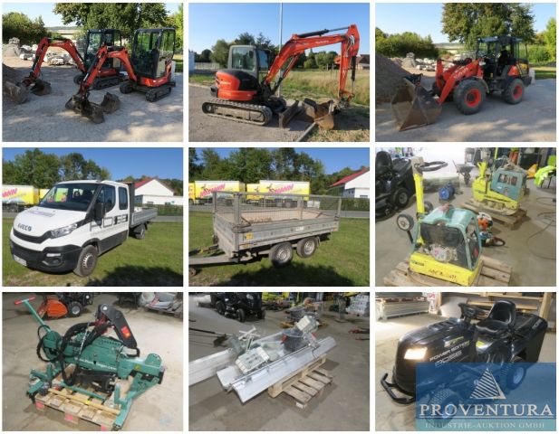 Insolvenz-Auktion 200 Positionen Inventar Garten- und Landschaftsbau: 2 Minibagger, Kettenbagger, Radlader KUBOTA, Probst Werkzeuge, Hydr. Pflasterverlegezange, Rüttelplatten, Fahrzeuge etc., 37600 Raum Weserbergland