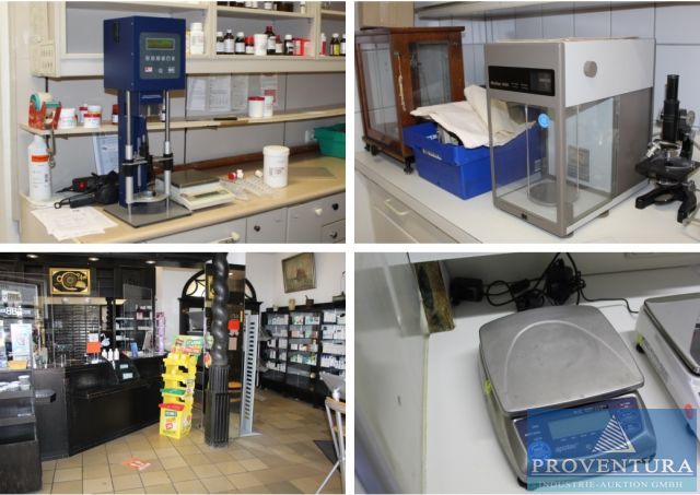 Insolvenzversteigerung: 45 Positionen Inventar einer Apotheke, Salbenrührgerät TOPITEC, div. Feinwagen, Gefahrstoffschrank, Antike-Ladeneinrichtung