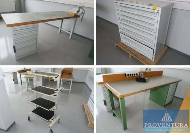 Versteigerung 6 Positionen Inventar aus Metallwerkstatt: Werkbänke, Schubladenschränke, Arbeitstische, etc.
