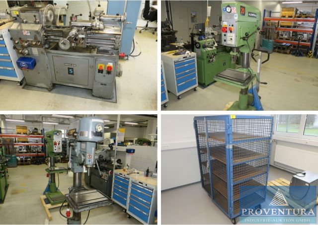 Versteigerung 10 Pos. Maschinen und Inventar aus Metall-Lehrwerkstatt: Drehmaschine Weiler Matador, 4 Säulenbohrmaschinen Alzmetall, Schränke, Büromöbel, etc.