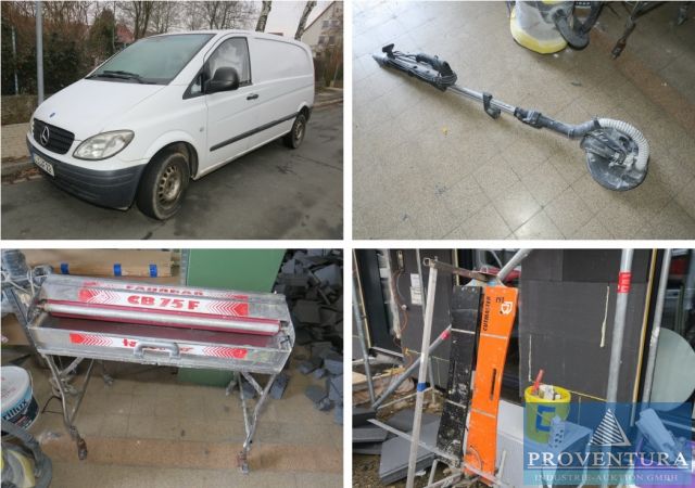 Insolvenzversteigerung 20 Positionen Inventar Malerbetrieb: Dämmstoffschneidgeräte, Rührgeräte, div. Handmaschinen und Handwerkzeuge, MB Vito 109 CDI, EZ 2008, 260.000 km