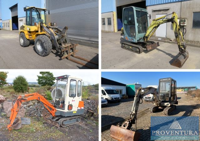 Baumaschinen-Versteigerung: Radlader Volvo L30B pro, Minibagger Yanmar B15-3 EX, 2 Minibagger Takeuchi TB15A u. TB025