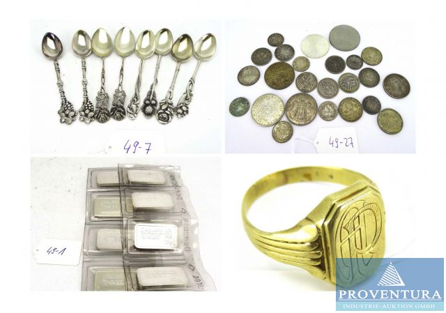 39 Pos. Schmuck, Gold- und Silbermünzen, Silberbarren, Silberbestecke etc.