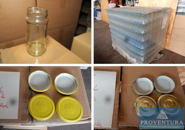 Versteigerung aus Lebensmittelproduktion: 4.600 Saucen-Gläser je 284 ml, versandferig auf Palette, 21.000 Gläserverschlüsse verschiedene Größen