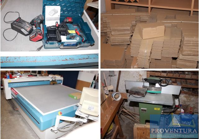 aus Nachlass 111 Alltagsgegenstände aus Pappe, Herstellung und Vertrieb, Folierung von Fahrzeugen, Versand, CNC-Schneidplotter, Transferpressen für Bekleidung und Caps, Pappordner-Herstellung, Werkzeuge, Büro, etc.