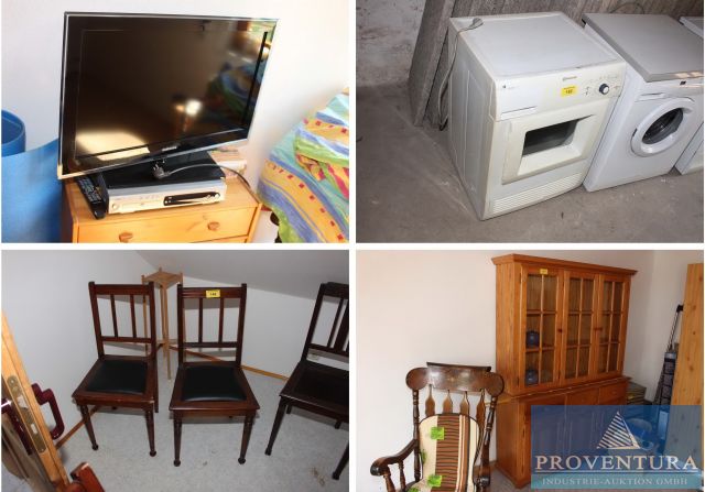 aus Nachlass 41 Pos. Wohnungsmöblierung, Nadelholzmöbel, Fernseher, div. Waschmaschinen und Kondenstrockner, historische Spiele und Möbel, etc.
