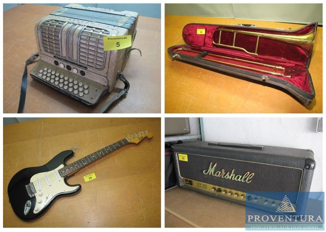 Vorankündigung: Benefitz-Auktion, 80 historische Musikinstrumente, Gitarren, Blechblasinstrumente, Bühnen- u. Verstärkertechnik aus den 70er Jahren, etc.