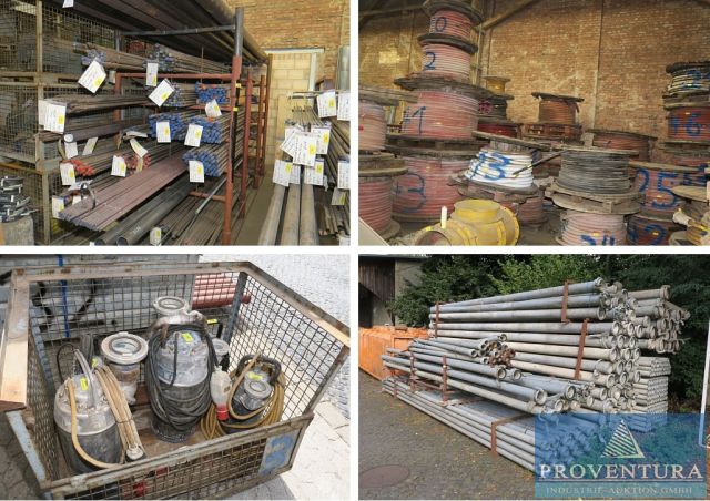 Lagerauflösung, Versteigerung 400 Positionen Tiefbau: große Mengen Elektro- u. Erdkabel, Hochleistungswasserpumpen, ca. 20 t Bohrstangen u. Bohrer für Tunnel- u. Bergwerkbau, SK-Luft u. Wasserrohrsystem, etc.
