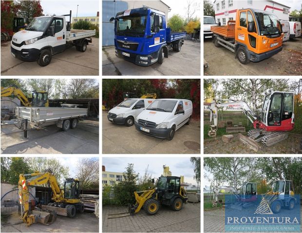 Baumaschinen-Versteigerung: Mobilbagger Komatsu, 2 Radlader Komatsu, 4 Minibagger Komatsu, 2 Minibagger Takeuchi, Multicar M27T, 2 Iveco Daily Kipper, 2 MAN TGL Kipper, Lkw-Kippanhänger, 3 Transporter, 2 Pkw-Anhänger, etc.