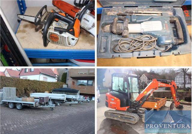 Insolvenzversteigerung Garten- und Landschaftsbau ab 2017 ca. 100 Pos. u.a.. Minibagger KUBOTA KX027-4 Bj. 2020, div. Elektro-Kippanhänger, Rüttelplatten, Abroll-Citymulde 4 m³, Akku-Werkzeuge STIHL etc.