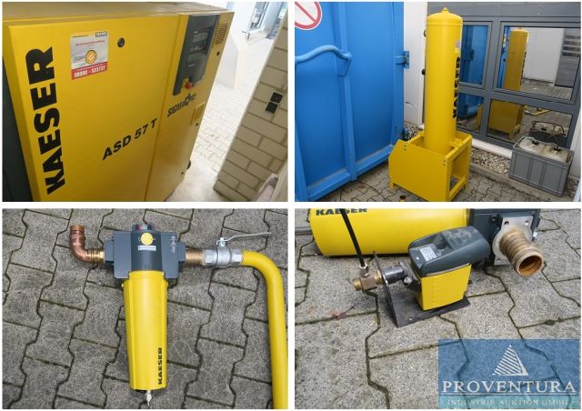 Versteigerung 2 Kompressoranlagen KAESER: ASD 37 T Bj. 2003 und ASD 57 T Bj. 2007, je 1 Kältetrockner dazu Aktivkohleabsorber KAESER ACT 75 Bj. 2015, alles Ende 2022 gewartet