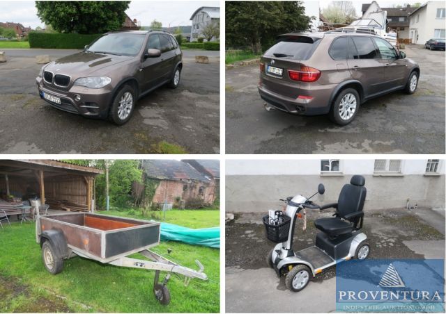 Fahrzeugversteigerung: BMW X5 xDrive 30d, EZ 2011, 278.000 km, Leder, Navi, 8-fach bereift, Pkw-Anhänger Westfalia, Elektromobil mit 15 km h Zulassung, angeschafft 2021