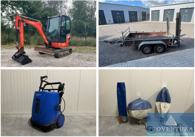 Versteigerung Minibagger KUBOTA KX018-4 Bj. 2016, Pkw-Trailer SARIS 2 to, Werkzeuge