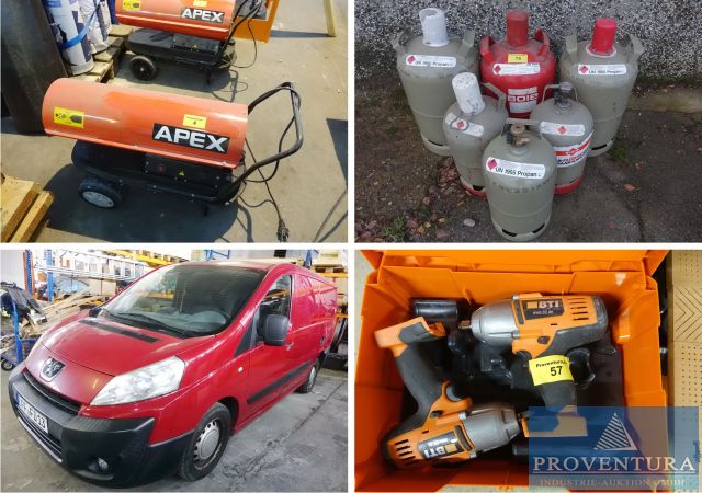 Insolvenzversteigerung Dachdeckerei: 50 Positionen, Peugeot Expert 2.0 HDi, EZ 2009, viele Akku-Werkzeuge, Leitern, etc.