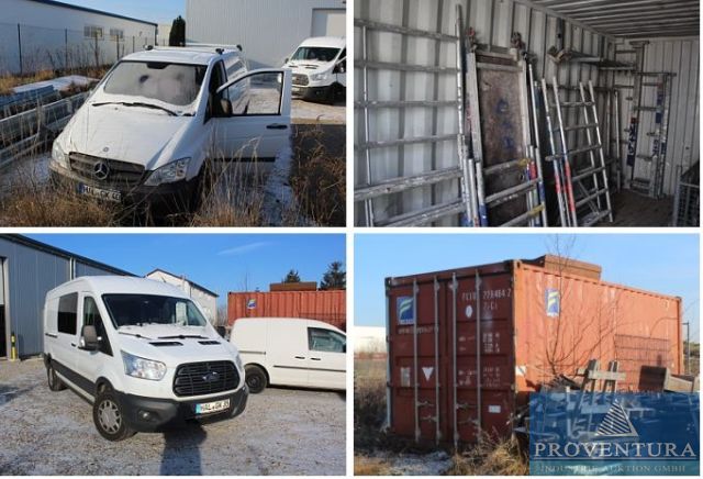 Insolvenzversteigerung Trockenbau: 146 Pos. FORD Transit DoKa 125T350 EZ 2019, Mercedes-Benz Vito 110 CDI EZ 2013, 20-Fuß Container, Rollgerüst LAYHER 26 Rahmen, Palettenregale, Werkzeuge, Zimmertüren, Büro etc.