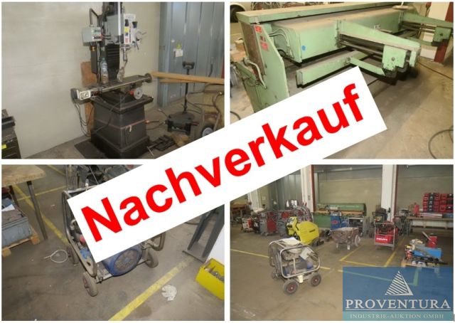 Nachverkauf zu Insolvenzversteigerung Schlosserei - Metallbau: 240 Positionen, Bohr-Fräsmaschine HOVENCO MFB, div. Schweißgeräte, Tafelschere HELMUT LOTZE, Biegemaschine CML ERCOLINA, div. Hochdruckreiniger, viele Werkzeuge, etc.