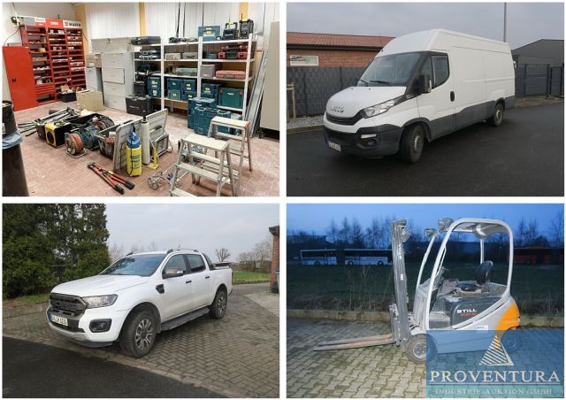 Insolvenzversteigerug: 100 Pos. Trockenbau, viele Handwerkzeuge, Rollgerüst, etc. Iveco Daily Hi Matic 35-160, EZ 2019, 84.000 km, Ford Ranger 2.0 TDCi Wildtrac 4x4, EZ 2022, 17.000 km, Gabelstapler STILL RX20-20
