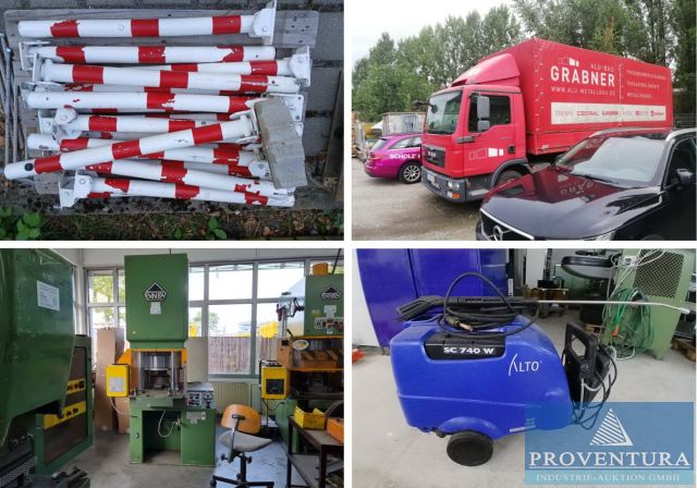 Online-Auktion 15 Pos. Metallbau: Lkw MAN TGL 8.150, EZ. 2010, Absperrpfosten, Hydraulikpresse EXNER, Tischbohrmaschine IXION, div. Fassadentafeln