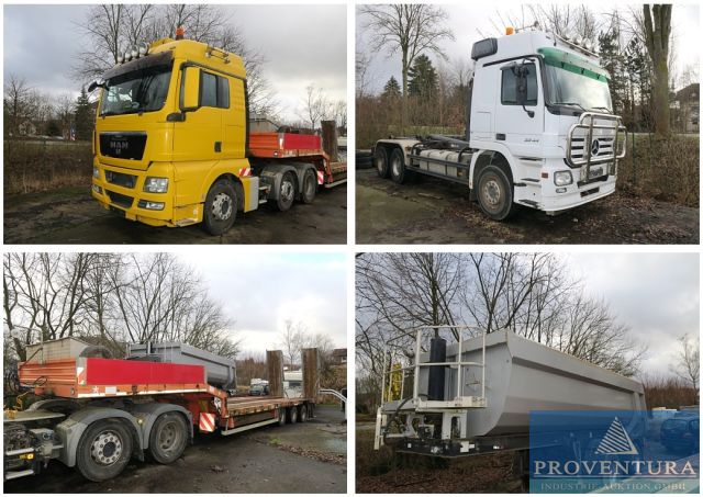 Insolvenzversteigerung: Sattelzugmaschine MAN TGX 26.440 6x2, EZ 2012, Lkw ATL Mercedes-Benz Actros 3344 6x4, EZ 2005, Tiefladeanhänger Goldhofer 6631, 40.000 kg, Muldenkippauflieger Langendorf 31.000 kg, EZ 2011