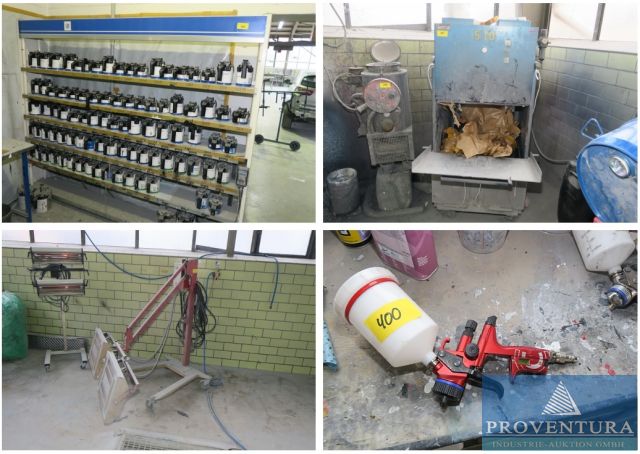 Insolvenzversteigerung: 60 Pos. Inventar Lackiererei, div. Lackierpistolen SATA, Infrarotstrahler, Scherenhubbühne, Rauchabsaugung, Papierpresse, Schneefräse, Laubsauger, etc., dazu 17 Bauzaunfelder 340x200 cm