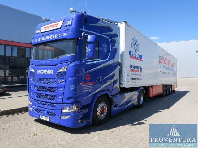 Insolvenzversteigerung: Sattelzugmaschine Scania 540S N323 4x2, EZ 2020, 463.000 km, Sattelzug-Kühlauflieger Schmitz-Cargobull SCB S3B, EZ 2015, 36.000 kg
