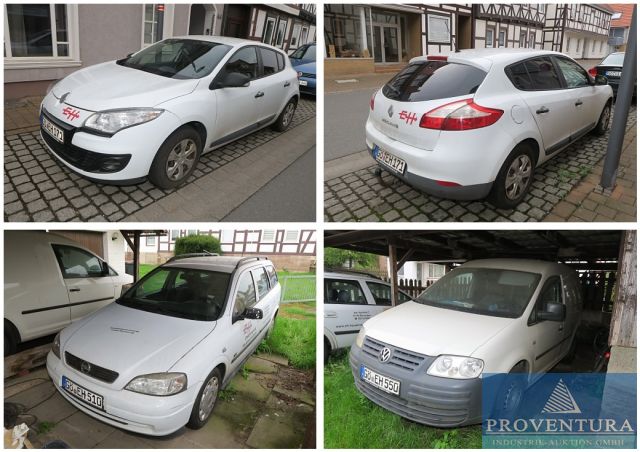 Aus Insolvenz: 3 Handwerkerfahrzeuge, Renault Megane 1.6, EZ 2013, 152.000 km, Opel Astra 1.7 CDTI Caravan, EZ 2003, VW Caddy 2.0 TDI, EZ 2008