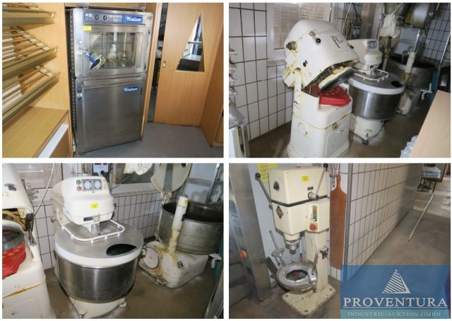 Versteigerung Inventar aus Bäckerei: 70 Pos., Ladenbackofen, Bäckerei-Spülmaschine HOBART, Brötchenpresse FORTUNA, Spiralkneter KEMPER SPL75, Ausrollmaschine, Anschlagmaschine REGO, etc.