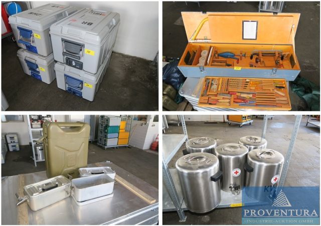 Versteigerung 130 Pos. Werkzeuge und Gastoartikel aus DRK Bestand: Großküchenzubehör, div. Thermobehälter, Werkzeugkisten aus den 60er u. 70er Jahren, Transportboxen, Beleuchtung, Schnellbauzelte, Decken, etc.