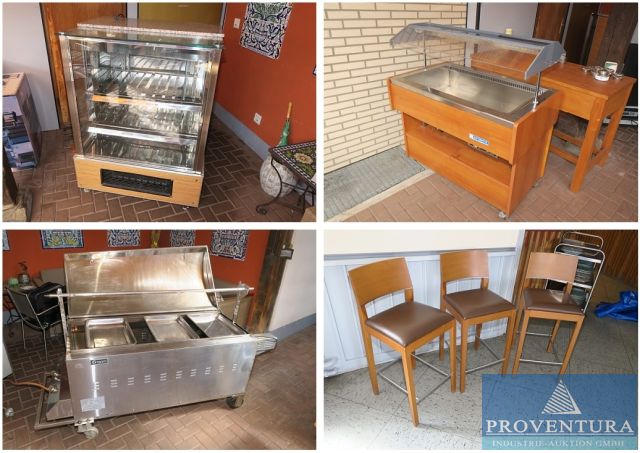 Versteigerung Inventar aus Gasthaus: Spanferkel-Grill 13.5 kW, Kühlvitrine, Salatbuffet, 10 hochwertige Barhocker Tonoitalia