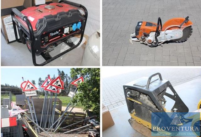 Insolvenzversteigerung 26 Pos. Glasfaserbau Rüttelplatte, Stampfer, Fugenschneider, Absperrmaterial, Kabel-Suchgerät 3M 2273, etc.