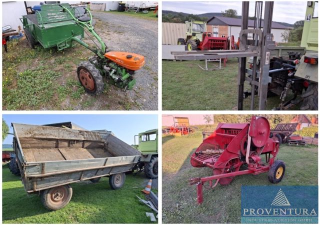 Nachversteigerung Landmaschinen und Agrartechnik: 14 Pos., Ballenpresse, Zwei-Seitenkippanhänger, Gartengerät Agria 3400, Grubber, Hubmast Dreipunkt für Traktoren, etc.