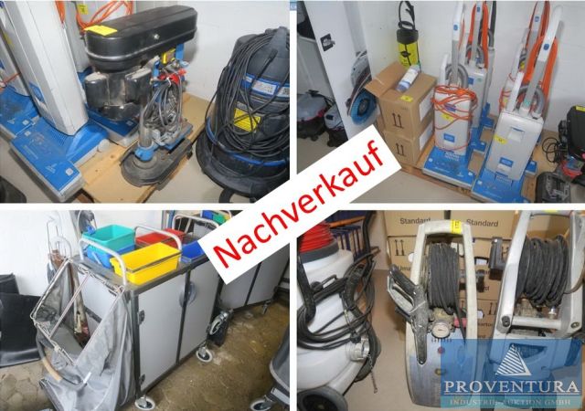 Nachverkauf zu Insolvenzauktion: 75 Pos. Betriebsausstattung einer Reinigungsfirma wie div. Aluleitern, div. Reinigungswagen, versch. Staubsauger und Reinigungsgeräte, Reinigungsmittel und Reinigungszubehör, Handschuhe, Hochdruckreiniger KRÄNZLE, etc