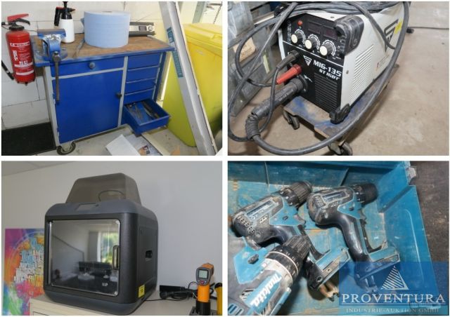 Insolvenzversteigerung Bootsservice: 120 Pos. Handwerkzeuge, Schweißgeräte, Werkbänke, 3D-Drucker, Büomöbel, etc.
