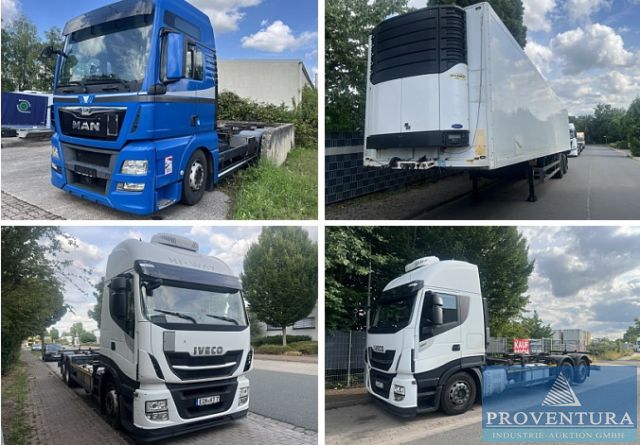 Insolvenzversteigerung 8 Pos. BDF-Fahrzeuge aus Spedition MAN TGX 26.440 6x2 EZ 2015, IVECO Stralis 460 E2 6x2 EZ 2016 sowie 2019, IVECO AS480S48 6x2 HiWay EZ 2018, Kühlkoffer SCHMITZ SKO18 Bj. 2007, BDF-Lafetten um Bj. 2006-2017