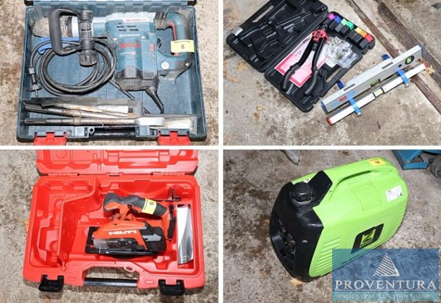 Insolvenzversteigerung 13 Pos. u.a. 4 Akkuwerkzeuge HILTI Bj 2022-2024, Bohrhammer BOSCH, Erdbohrer, etc.