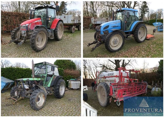 Nachverkauf zu Insolvenzversteigerung 36 Pos. Landmaschinen: Ackerschlepper MASSEY FERGUSON 5613 Dyna-6, LANDINI Mythos 100, 2x KLÖCKNER-DEUTZ, IHC 533, Pflanzenspritzen, Anbaugeräte, etc.