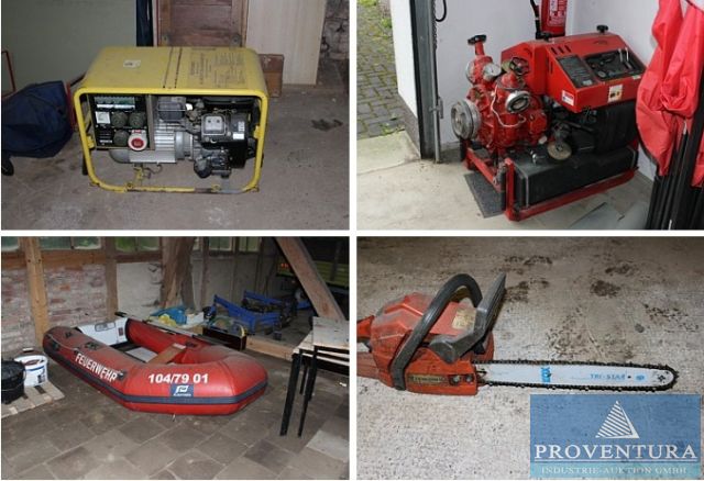 Versteigerung wegen Neuanschaffung Feuerwehr 2 Schlauchboote PLASTIMO, Notstromaggregat, Feuerwehr-Ausrüstung, Kettensäge HUSQVARNA, Heckenschere ISKRA, Tragkraftspritze PFJ