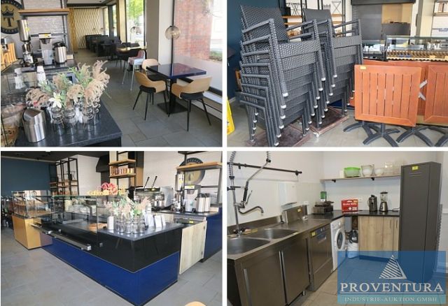 Insolvenzversteigerung 46 Pos. Cafe eingerichtet 2020, Bistromöbel, Verkaufstheke in Blöcken, Siebträgermaschine DANIEL MOSER MOdell 1685, Spülmaschine HOBART FXLS-10A, Sahneklimaschrank GRAM BAKER M625, div. Kühlschränke, Allesschneider BIZERBA VS8D, etc
