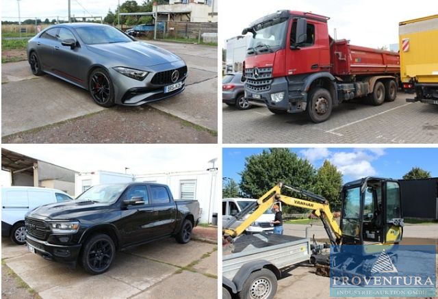 Insolvenzversteigerung Baufirma 182 Pos: DODGE Ram 5.7 V8 Laramie EZ 2020, MERCEDES-BENZ CLS 53 AMG Turbo EZ 2022, Tieflader FLIEGL 30 to EZ 2020, Lkw Kipper MB Arocs 2642 EZ 2019, Minibagger YANMAR SV18 Bj. 2018, Fahrzeuge, Stromaggregate