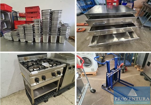 Versteigerung Gastronomie Küchenmöbel und Geräte, Auffahrrampen, Hubwagen für Collis, etc.