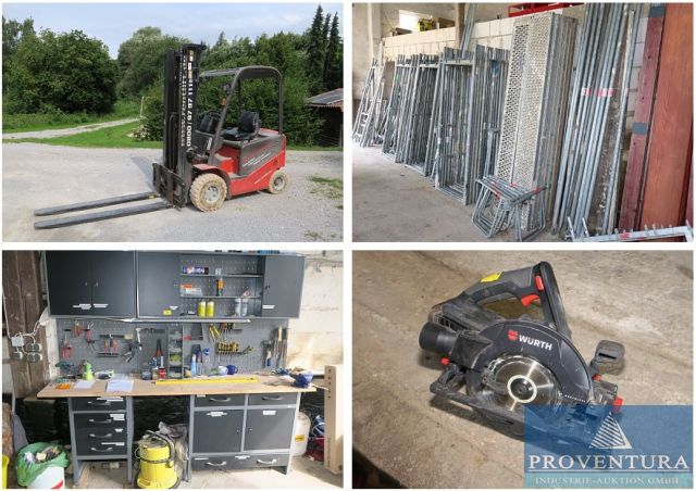 Insolvenzversteigerung 50 Pos. Photovoltaikmontage, Elektro-Gabelstapler Manitou ME 420 S2 Bj. 2016, 3.000 Bh, Gerüstteile Plettac 33 Ständer, Montagematerial, viele Akku-Handmaschinen WÜRTH