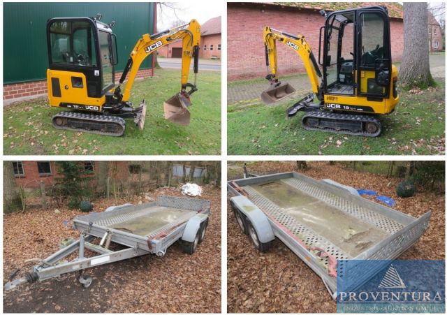Liquidationsversteigerung: Minibagger JCB 19C-1 PC, Bj. 2021, 1.588 Bh, Pkw-Trailer Minibagger-Anhänger Barthau D3501, EZ 2001, zul. GG 3.500 kg