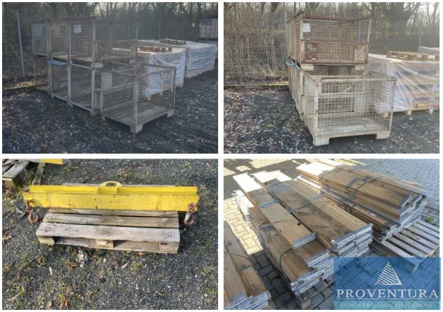 Liquidationsversteigerung: 7 Gitterboxen, 6 Paletten mit je 30 Palettenaufsätzen, Hebetraverse TIGRIP 5.000 kg