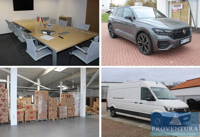 Insolvenzversteigerung 54 Pos. Süßigkeiten-Großhandel, Lagertechnik, Büro, VW Touareg R 3.0 TDI EZ 2023, Transporter VW Crafter 35 2.0 TDi EZ 2021