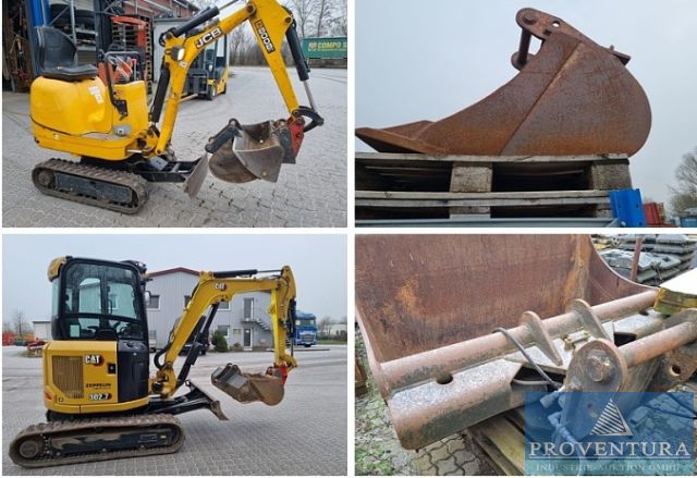 Versteigerung 2x Minibagger 1x CATERPILLAR 302.7 CR Bj. 2023 473 Bh, 1x JCB 8008CTS Bj. 2018 1.245 Bh, Räum- und Tiefenlöffel
