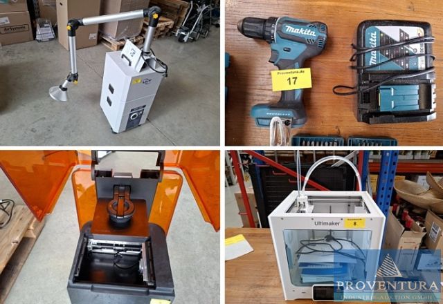 Insolvenzversteigerung 15 Pos. 3D-Drucker FORMLABS Form 3BL, FORMLABS Form 3+, BAMBU LAB P1S, ULTIMAKER S3, ULTIMAKER S5, Staubsammler, Nachhärter, Zubehör, Kappsäge FESTOOL KS120REB, Tauchsäge FESTOOL TS60 KEBQ, Akkuschrauber MAKITA DDF, Lagerbühne, etc.