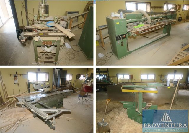 Insolvenzauktion: 20 Pos. einer Tischlerei wie Lochreihenbohrmaschine SCHLEICHER, Langbandschleifmaschine SAFO DCSLB 250, Formatkreissäge ALTENDORF F-45, Kantenschleifmaschine HAPFO BSM 2000-1758, etc.