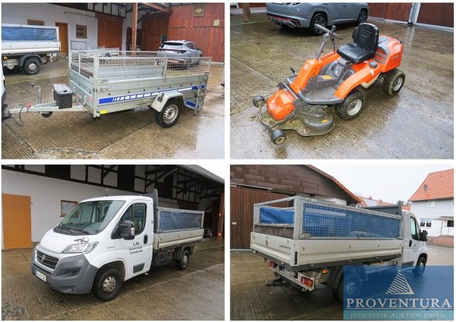 Nachversteigerung zu: 27 Pos. Hausmeisterservice: Fiat Ducato 2.3 Multijet 2 130, EZ 2018, 67.000 km, Pkw-Anhänger Blyss, EZ 2019, 750 kg, Frontmäher HUSQVARNA R214C Bj. 2022, Handwerkzeuge, Gartengeräte, etc.