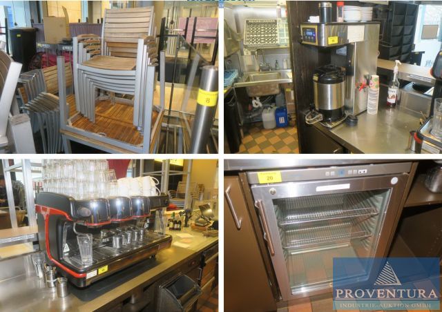 Insolvenzversteigerung: 45 Pos. Gastroartikel des Cafés MINERS COFFEE Shop, Siebträgermaschine LA CIMBALI M100, Glaskühlschränke LIEBHERR, Filterkaffeemaschine BUNN ICBA, Terrassenmöbel, weitere Ausstattung, etc.