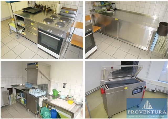Versteigerung wegen Standortauflösung: 7 Pos. Gastroinventar, Stand-Vakuumiergerät WECO-MATIC F90, Durchlaufspülmaschine Hobart AMXS900-12, Möbel, Kochblock, etc.
